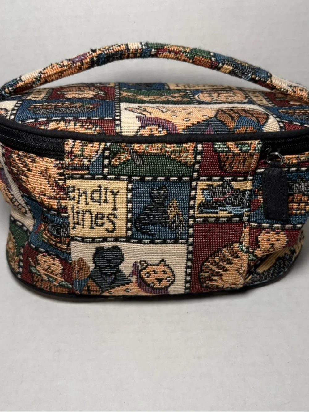 Vintage 90s Cat Tapestry Friendly Feline Makeup Cosmetic Bag Carrying Case